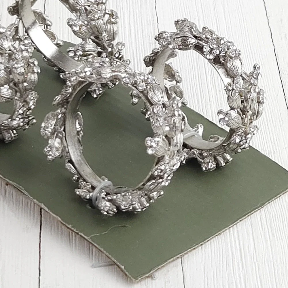 Silver Tone Napkin Ring Rhinestone Floral Metal Glam Wedding Christmas Shabby 4